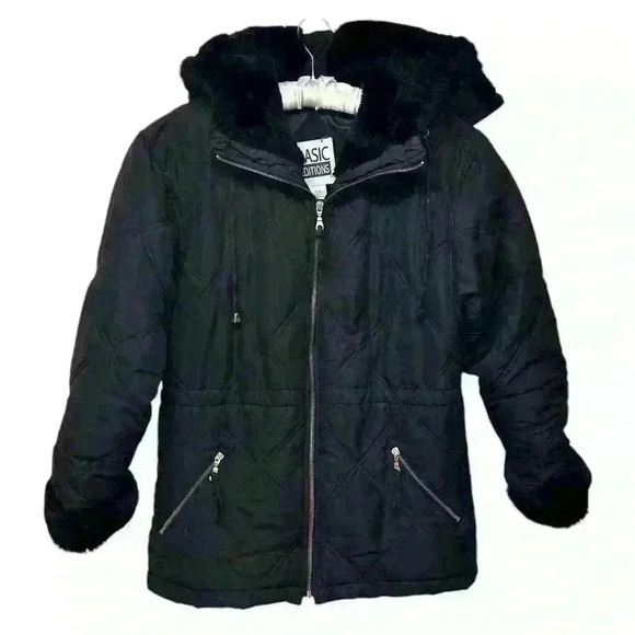 Basic Editions Black Vintage Quilted Jacket with Fur Trim and Gold Detail, S - Picture 1 of 10